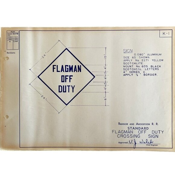 1966 Railroad Bangor Aroostook Flagman Off Duty Sign Blueprint K1 Trains DWDD12 - Picture 2 of 4